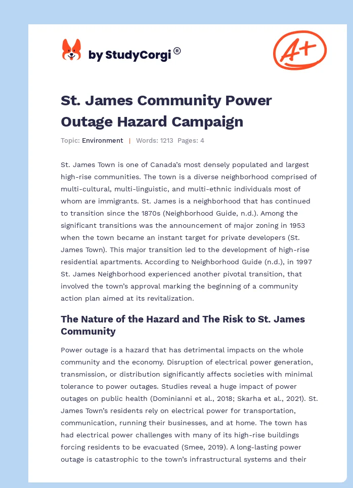 St. James Community Power Outage Hazard Campaign. Page 1