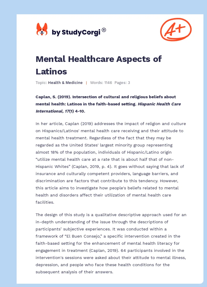 Mental Healthcare Aspects of Latinos. Page 1