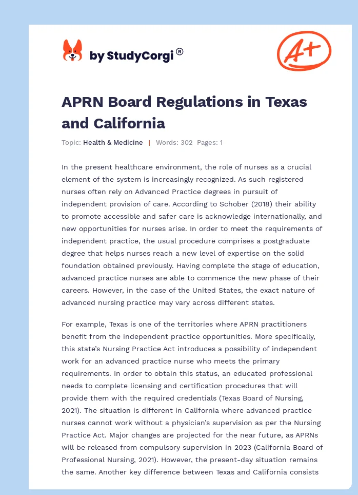APRN Board Regulations in Texas and California. Page 1