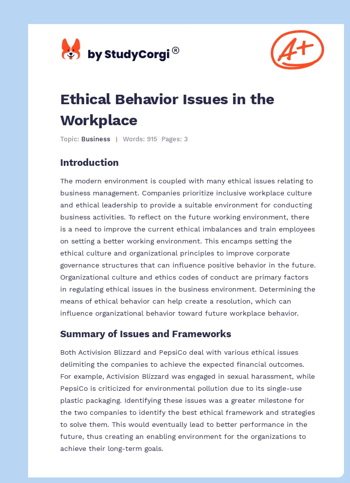 Ethical Behavior Issues in the Workplace. Page 1