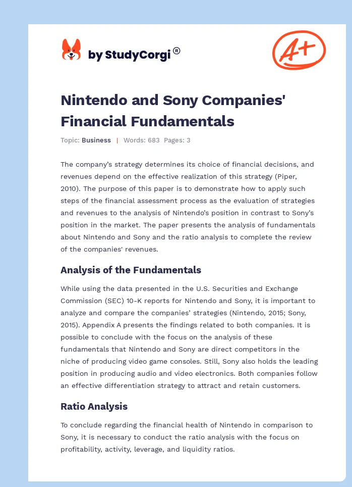 Nintendo and Sony Companies' Financial Fundamentals. Page 1