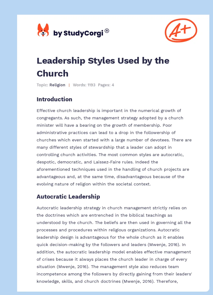 Leadership Styles Used by the Church. Page 1