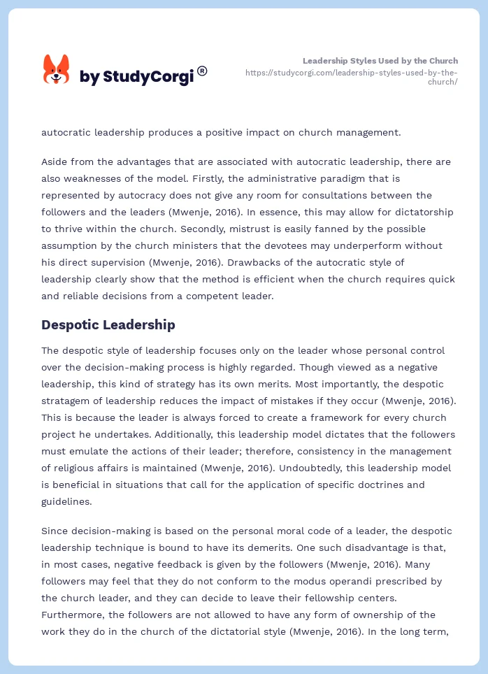 Leadership Styles Used by the Church. Page 2