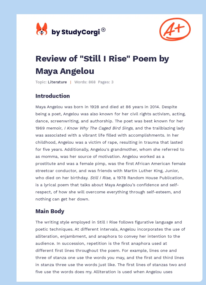 Review of "Still I Rise" Poem by Maya Angelou. Page 1