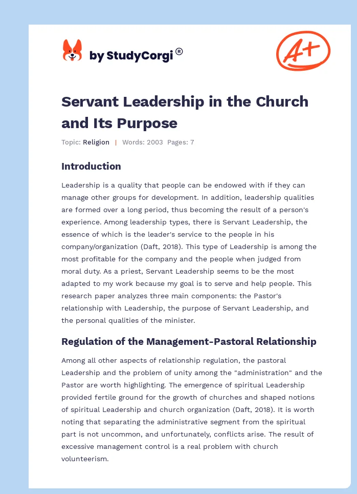 Servant Leadership in the Church and Its Purpose. Page 1