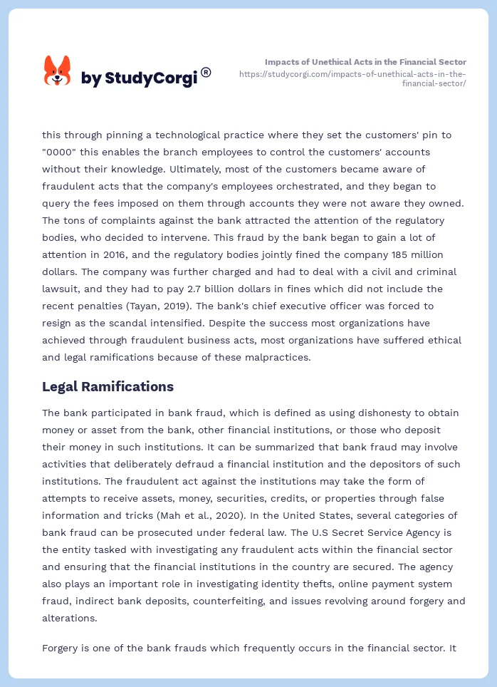Impacts of Unethical Acts in the Financial Sector. Page 2