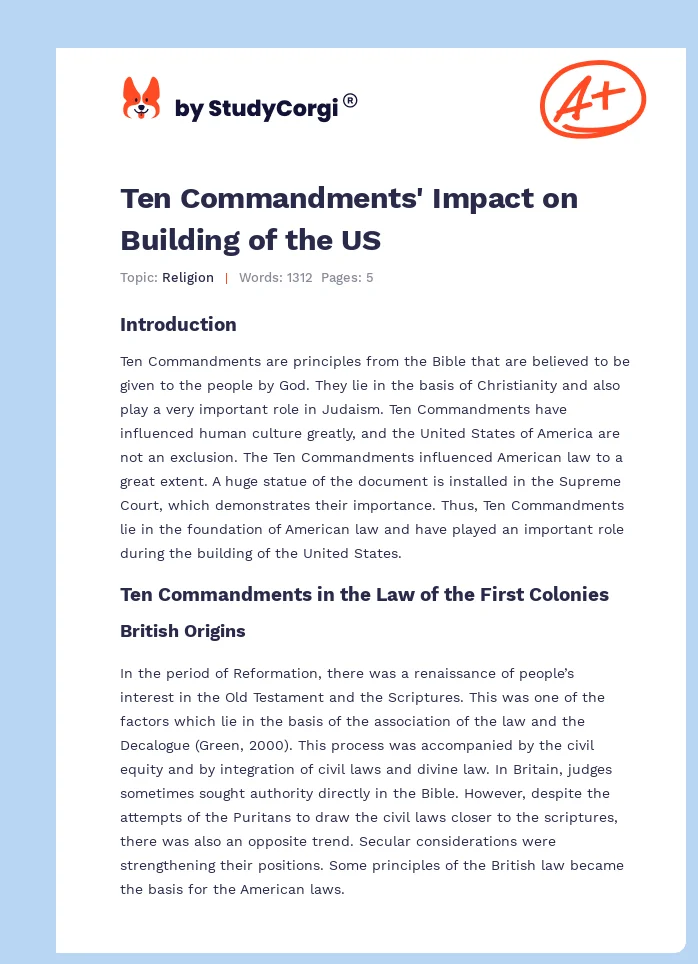 Ten Commandments' Impact on Building of the US. Page 1