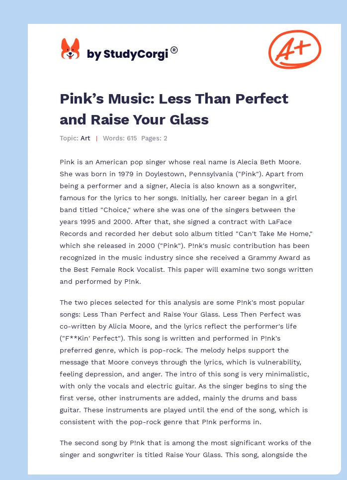 Pink’s Music: Less Than Perfect and Raise Your Glass. Page 1