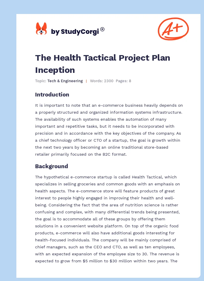 The Health Tactical Project Plan Inception. Page 1