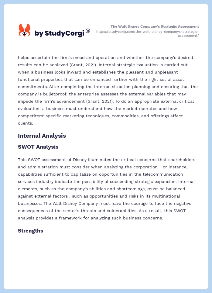 The Walt Disney Company's Strategic Assessment. Page 2