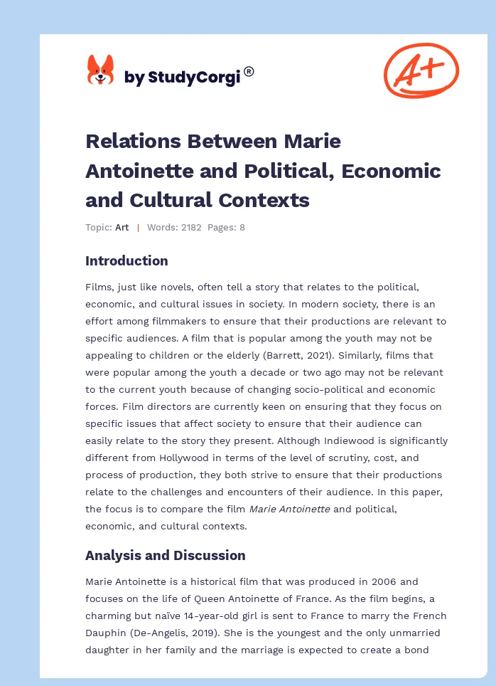 Relations Between Marie Antoinette and Political, Economic and Cultural Contexts. Page 1