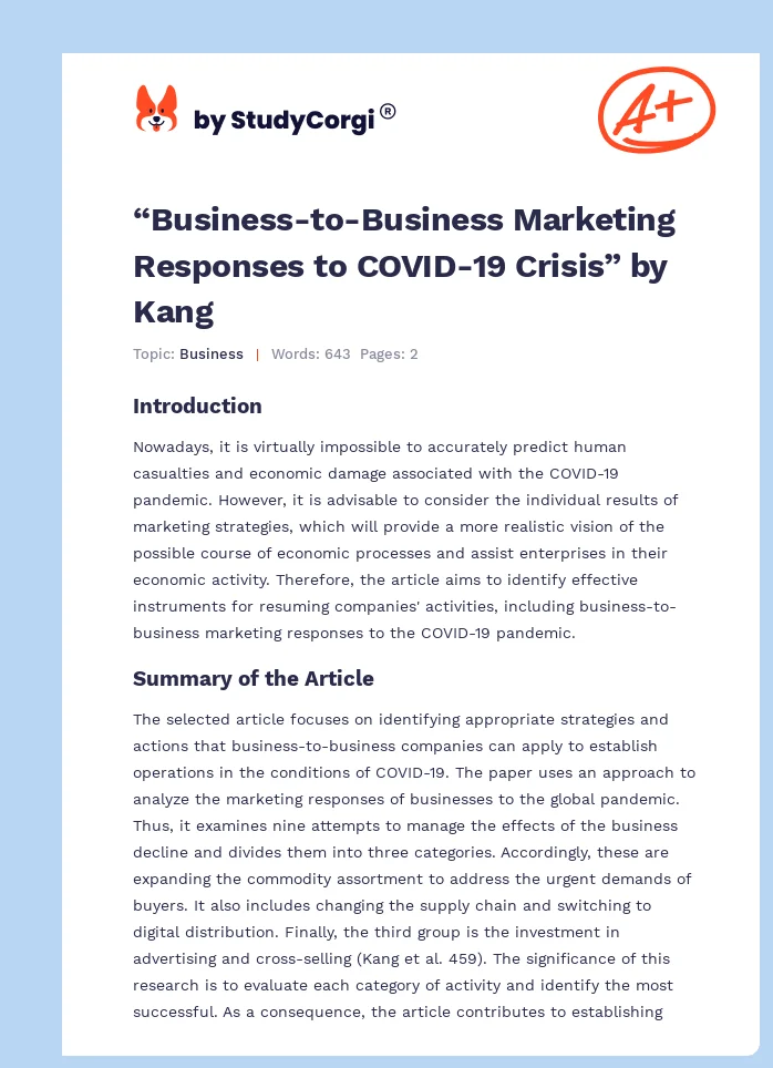 “Business-to-Business Marketing Responses to COVID-19 Crisis” by Kang. Page 1