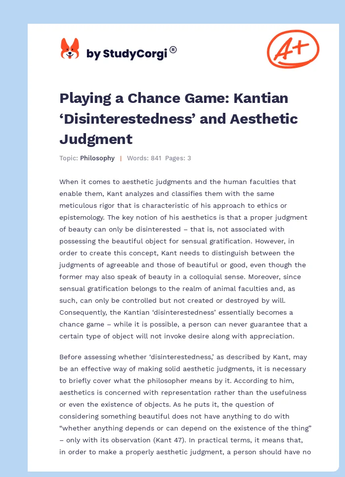 Playing a Chance Game: Kantian ‘Disinterestedness’ and Aesthetic Judgment. Page 1