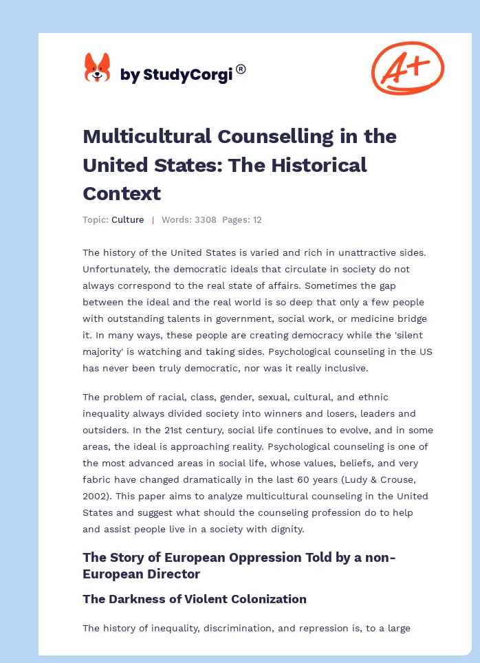 Multicultural Counselling in the United States: The Historical Context. Page 1