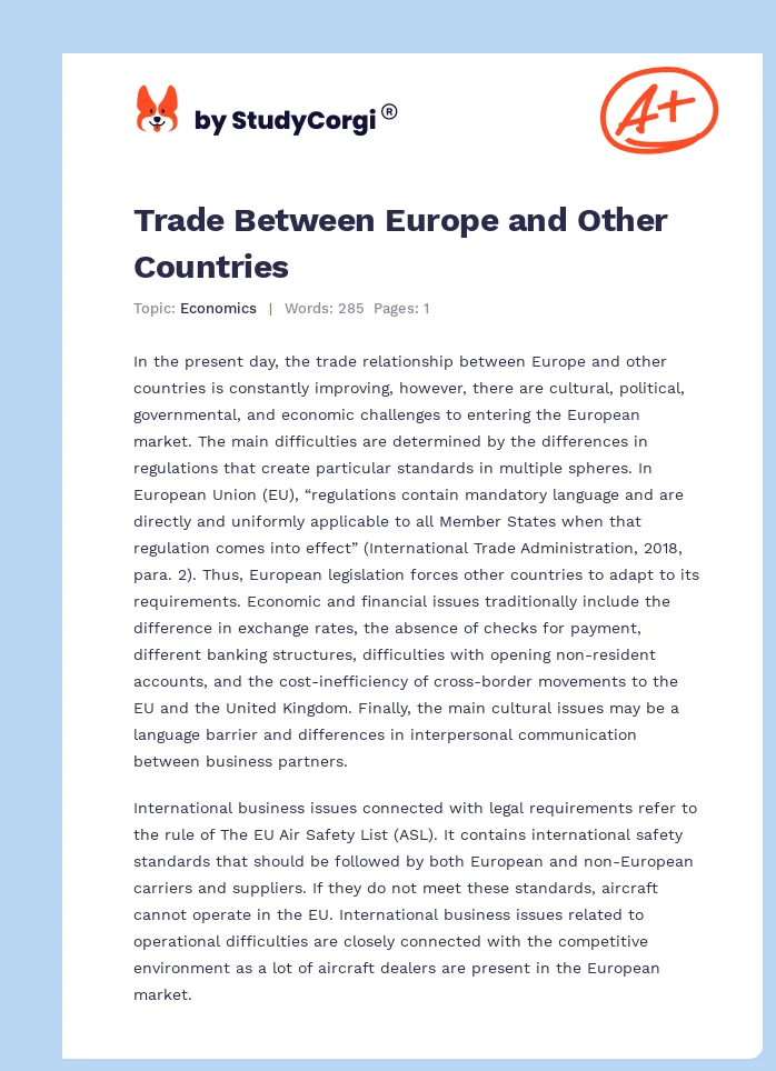 Trade Between Europe and Other Countries. Page 1