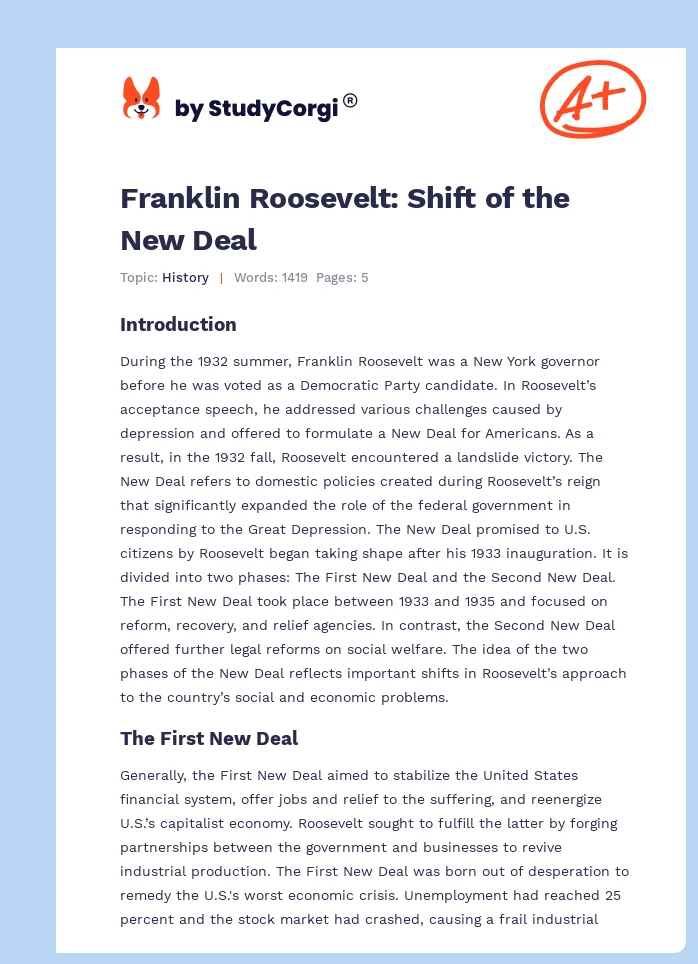 Franklin Roosevelt: Shift of the New Deal. Page 1