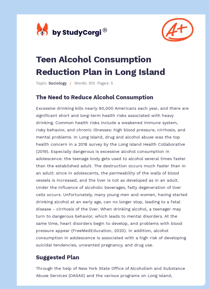 Teen Alcohol Consumption Reduction Plan in Long Island. Page 1