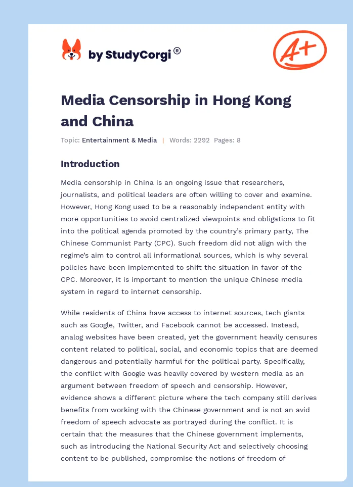 Media Censorship in Hong Kong and China. Page 1