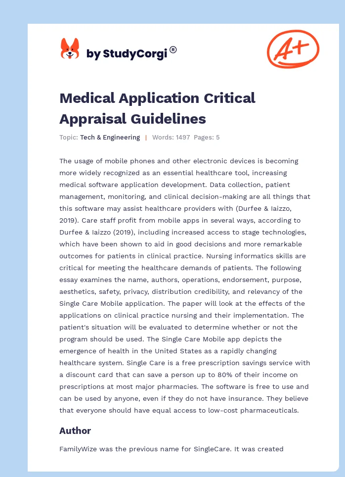 Medical Application Critical Appraisal Guidelines. Page 1