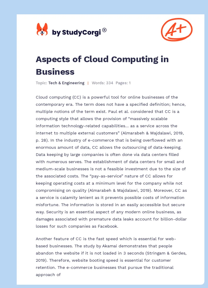 Aspects of Cloud Computing in Business. Page 1
