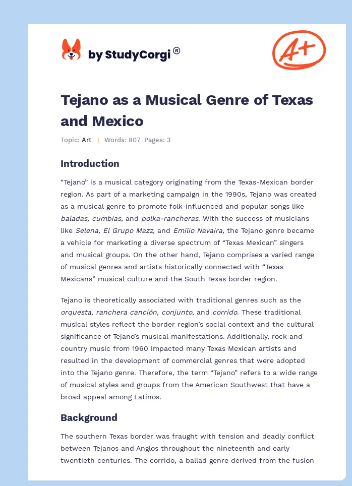 Tejano as a Musical Genre of Texas and Mexico. Page 1