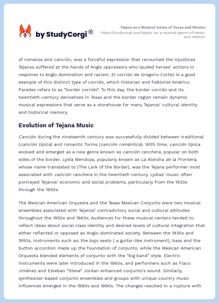 Tejano as a Musical Genre of Texas and Mexico. Page 2