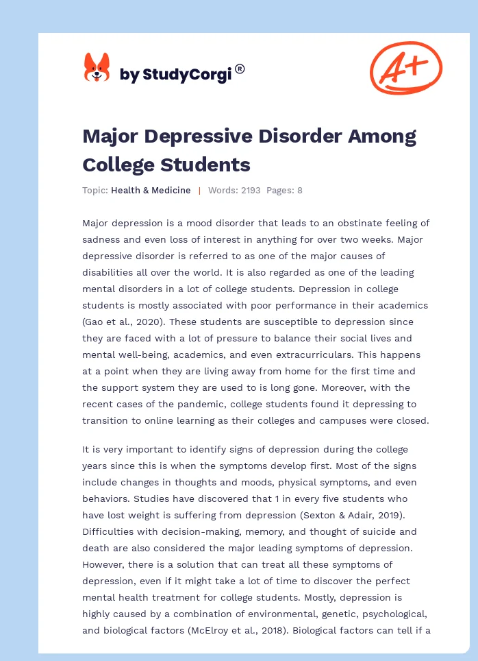 Major Depressive Disorder Among College Students. Page 1
