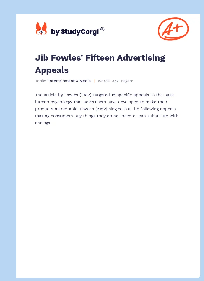 Jib Fowles’ Fifteen Advertising Appeals. Page 1