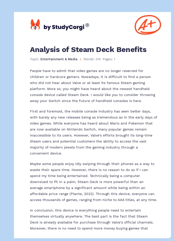 Analysis of Steam Deck Benefits. Page 1