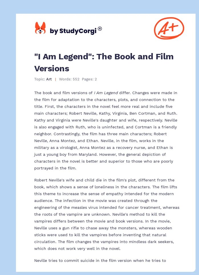 "I Am Legend": The Book and Film Versions. Page 1