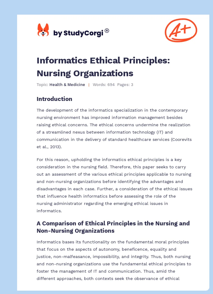 Informatics Ethical Principles: Nursing Organizations. Page 1