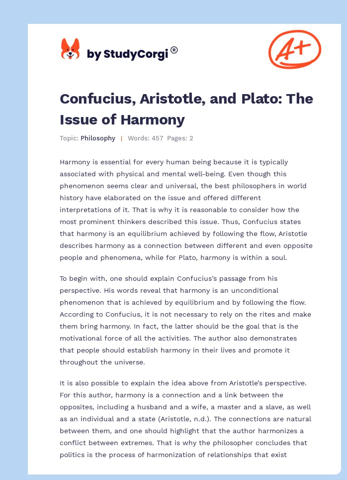 Confucius, Aristotle, and Plato: The Issue of Harmony. Page 1