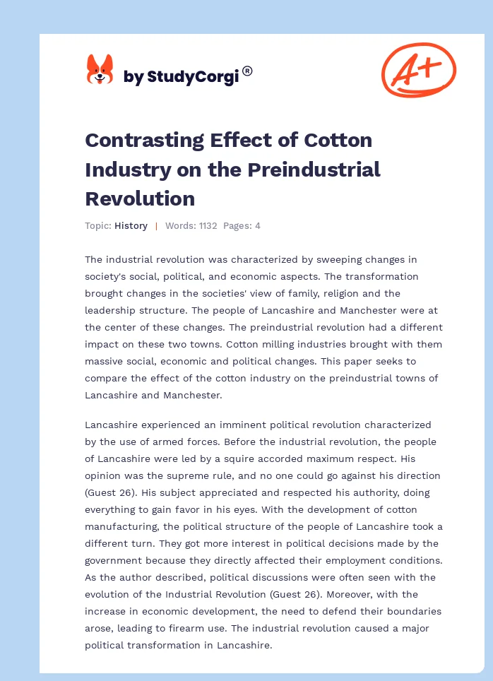 Contrasting Effect of Cotton Industry on the Preindustrial Revolution. Page 1