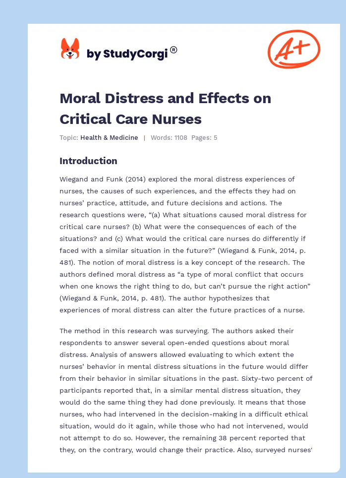 Moral Distress and Effects on Critical Care Nurses. Page 1