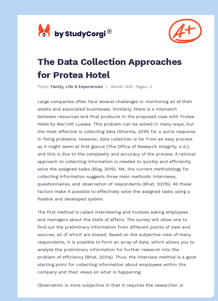 The Data Collection Approaches for Protea Hotel. Page 1