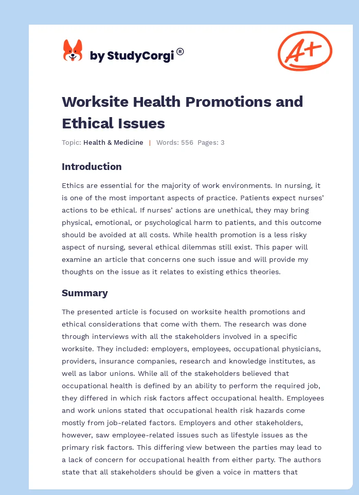 Worksite Health Promotions and Ethical Issues. Page 1