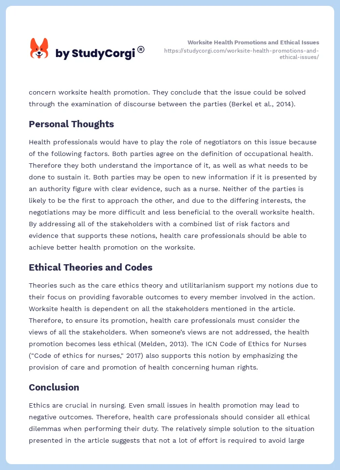 Worksite Health Promotions and Ethical Issues. Page 2