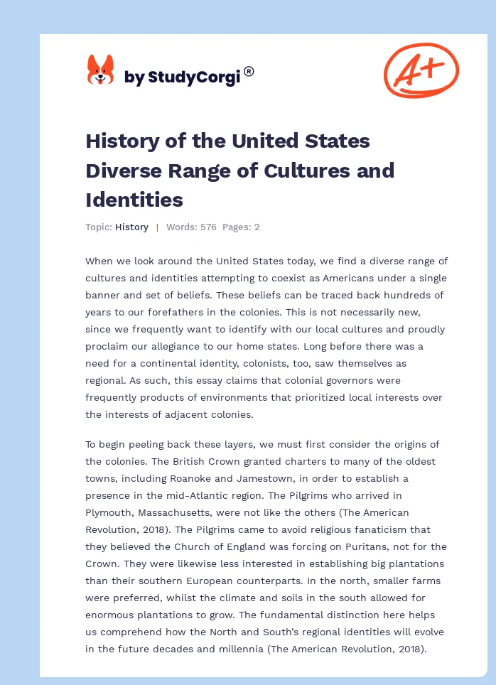 History of the United States Diverse Range of Cultures and Identities. Page 1
