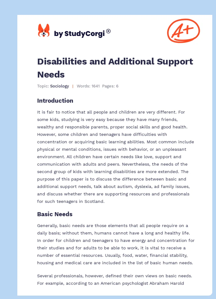 Disabilities and Additional Support Needs. Page 1