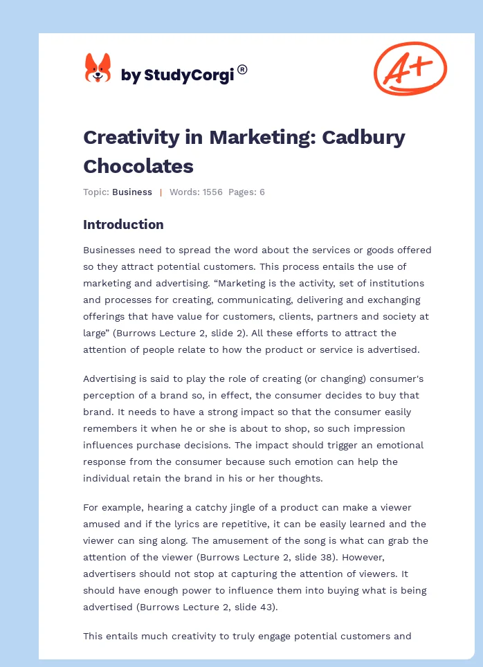 Creativity in Marketing: Cadbury Chocolates. Page 1