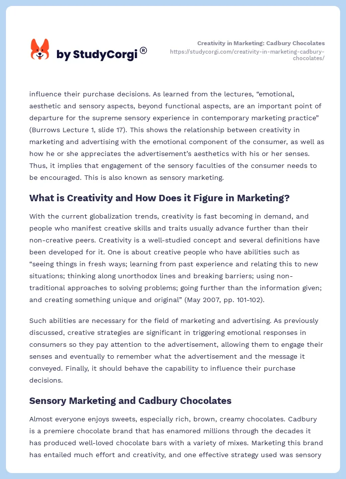 Creativity in Marketing: Cadbury Chocolates. Page 2