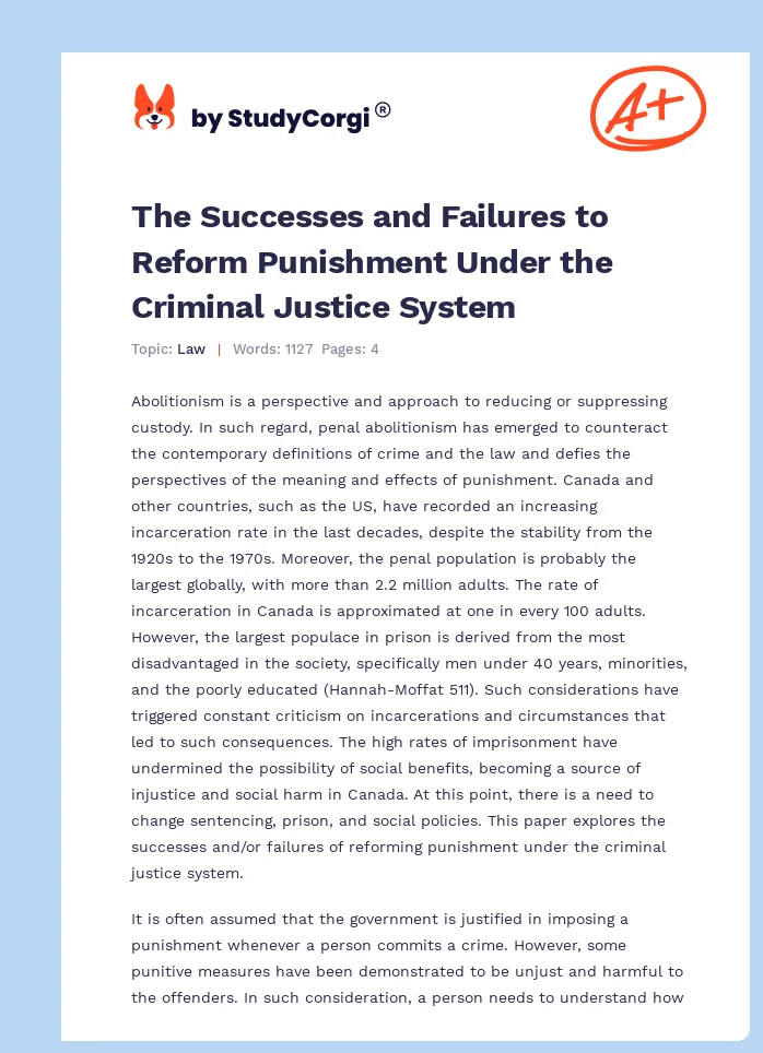 The Successes and Failures to Reform Punishment Under the Criminal Justice System. Page 1