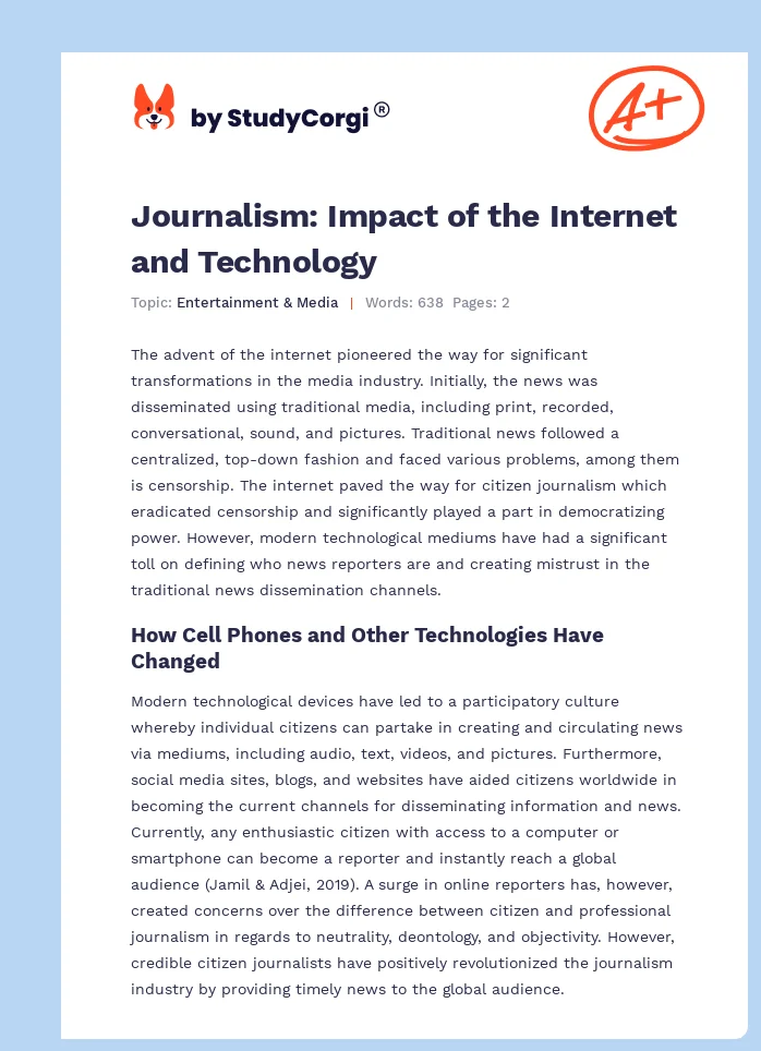 Journalism: Impact of the Internet and Technology. Page 1