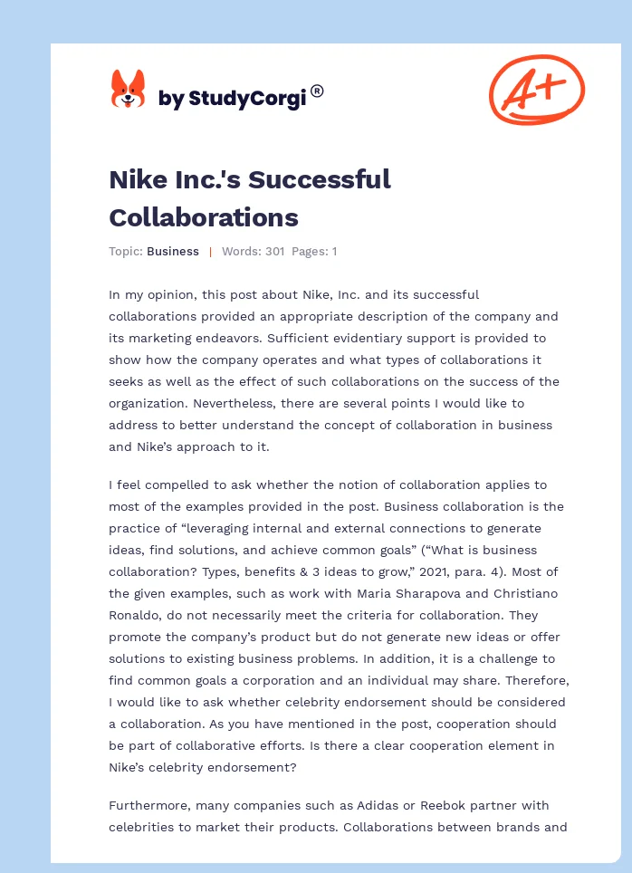 Nike Inc.'s Successful Collaborations. Page 1