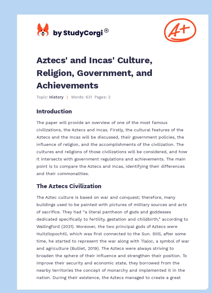 Aztecs' and Incas' Culture, Religion, Government, and Achievements. Page 1