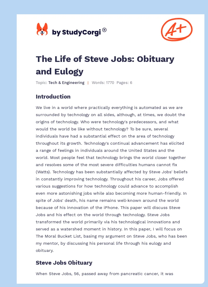 The Life of Steve Jobs: Obituary and Eulogy. Page 1