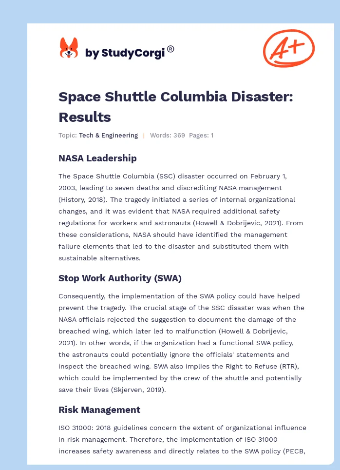 Space Shuttle Columbia Disaster: Results. Page 1