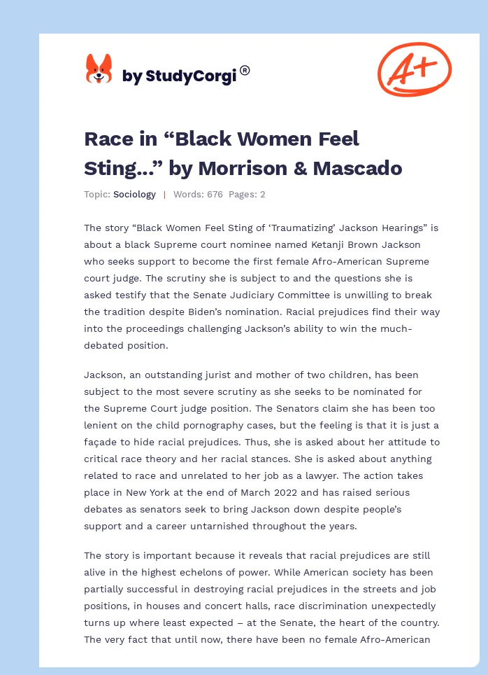 Race in “Black Women Feel Sting...” by Morrison & Mascado. Page 1