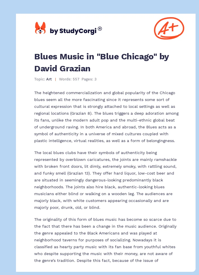 Blues Music in "Blue Chicago" by David Grazian. Page 1