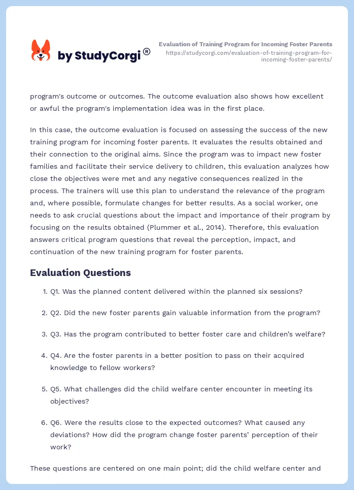 Evaluation of Training Program for Incoming Foster Parents. Page 2